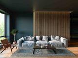 Italienisches Innendesign. Wohnzimmer. Wandpaneel im Hintergrund.
