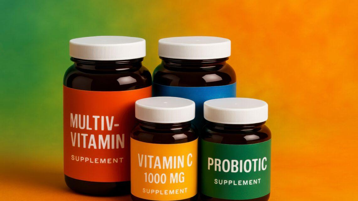 Gestaltete Supplementflaschen mit farbigen Produktetiketten