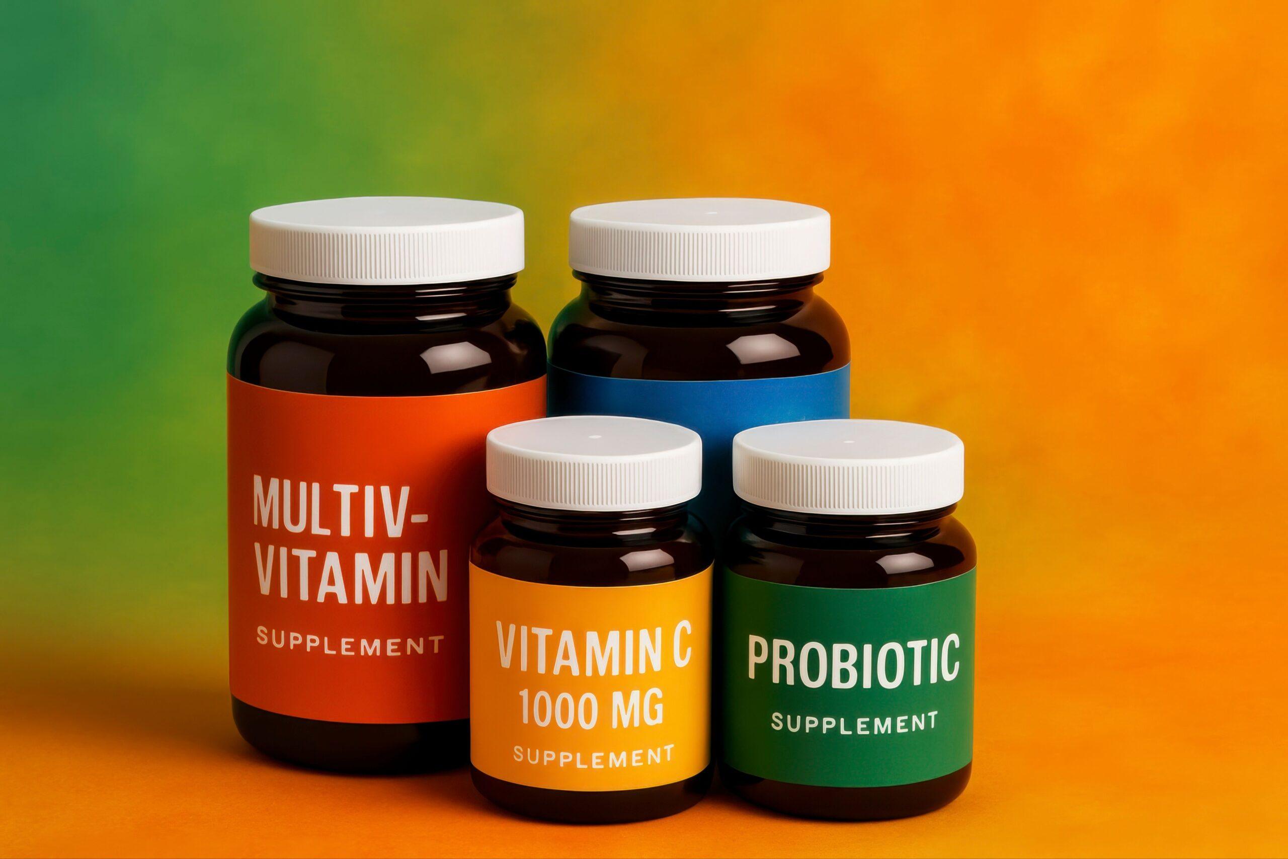 Gestaltete Supplementflaschen mit farbigen Produktetiketten